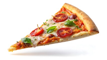 Pizza slice flying top view isolated on white background