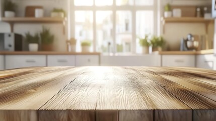Wooden table in cozy kitchen with white cabinets, shelves, and sunlight through window.