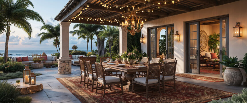Luxurious outdoor dining setting with ocean view and elegant coastal lighting