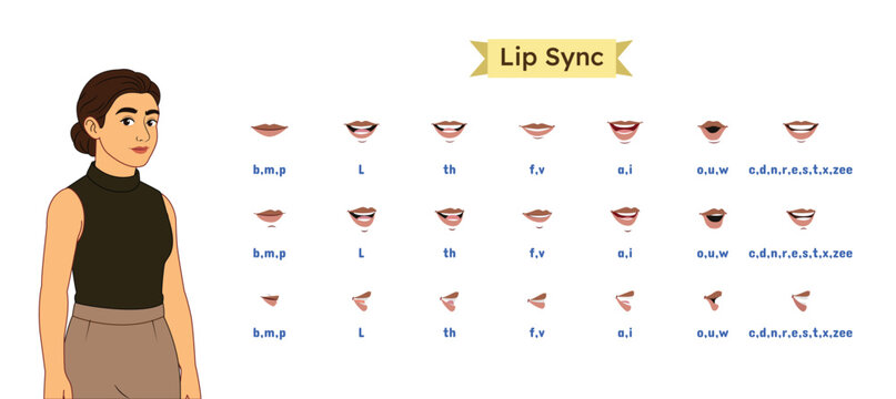 Woman Character Lip Sync Sheet &ndash; Mouth Expressions for Animation. Human mouth set. Female lip sync collection for animation and sound pronunciation. Character face elements. Cartoon Mouth Animation.
