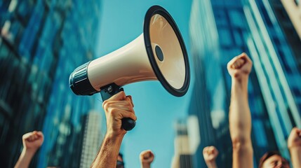 A person holding a megaphone in a cityscape with raised fists.