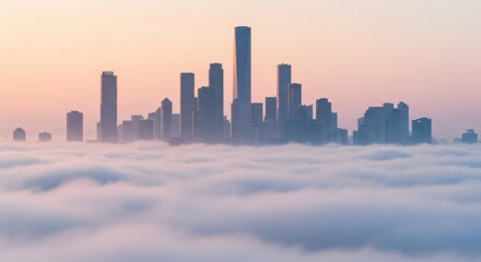 Obraz premium City skyline rising majestically above a sea of clouds, bathed in the soft light of dawn.