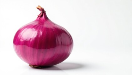 Close-up red onion, smooth skin, stark white backdrop, closeup, stock photo