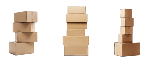 Stacked cardboard boxes in varying heights. showcasing organization and storage solutions. set against a neutral background. ideal for logistics or packing themes