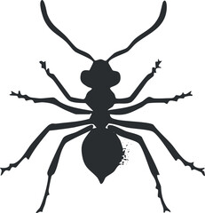 Black silhouette of an ant insect isolated on white background showing detailed body and legs