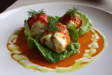 Stuffed piquillo peppers with cod filling in sauce and lettuce