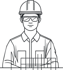Line art illustration of a construction engineer wearing safety helmet and goggles with arms crossed