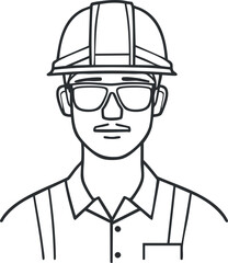 Line art illustration of a male construction worker wearing a hardhat, safety glasses, and uniform
