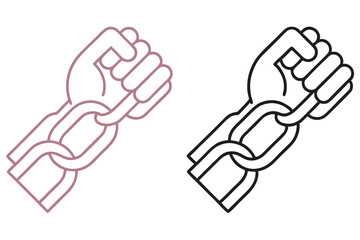 Fists restrained by chains symbolize themes of captivity and liberation through simplified icons