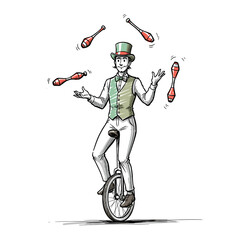 Juggler on Unicycle Performance: A skillful juggler, balances atop a unicycle, captivating the audience with a mesmerizing display of agility, control, and the vibrant dance of props in mid-air. © johndaly