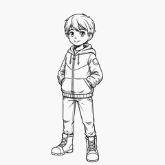 Adorable Kid in Casual Wear: A charming illustration of a young child, rendered in monochrome, wearing a cozy jacket, standing casually with hands in pockets, inviting to evoke the innocence of youth.