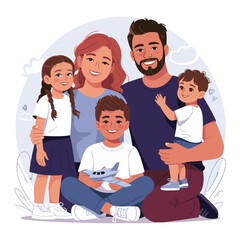 Happy Family of Five with Kids Vector Illustration
