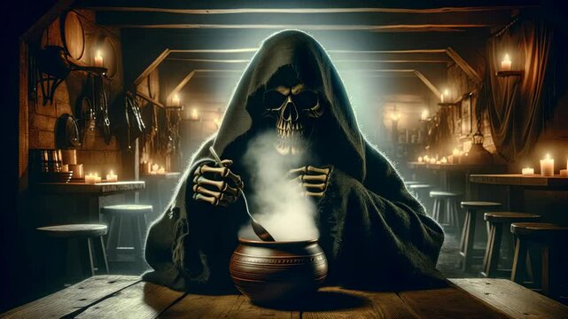 A cloaked figure stirs a mysterious potion in a dimly lit tavern.
