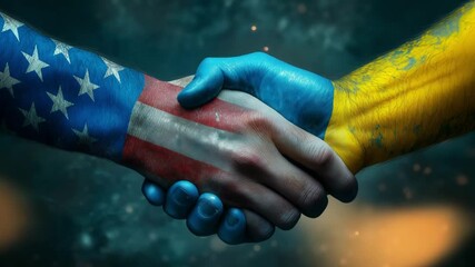 Two hands shake, one coated in the colors of the American flag and the other in the Ukrainian flag, signifying mutual support - Powered by Adobe