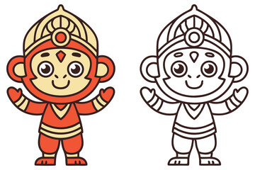 Cartoon monkey with a turban stands smiling with one arm raised, available in color and line art