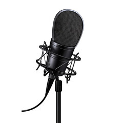Black microphone on a black stand with a shock mount