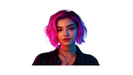 Confident Young Woman with Vivid Pink and Purple Hair in Neon Light Portrait