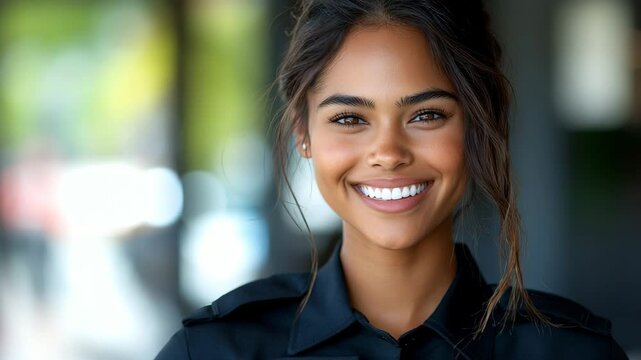 <Smiling Woman Police Officer: Portrait of Confidence and Professionalism in Modern Law Enforcement>