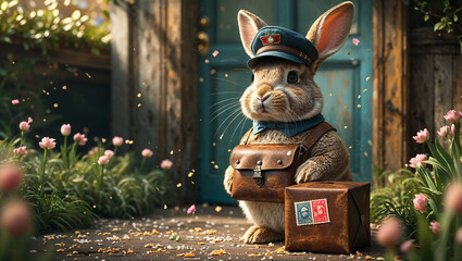 Adorable rabbit mailman delivering package in a flowery garden