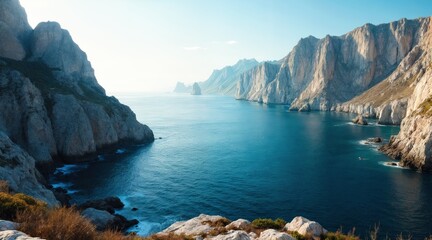 Rocky mountain lake with mirrored sky surface