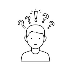 Confused Boy: A simple line drawing of a boy with question marks and an exclamation point above his head, illustrating confusion and uncertainty. 