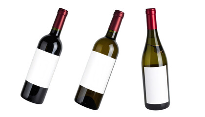 Set of three wine bottles with blank labels on transparent background