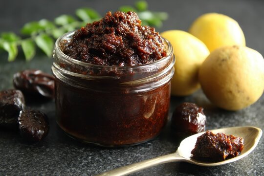 Tamarind chutney made from crushed dates mixed with tamarind paste commonly served as a side in India