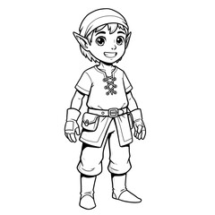 Smiling Elf Boy Illustration: An illustration of a smiling young elf boy with pointed ears and a joyful expression, wearing a simple outfit with a belt and pouches.