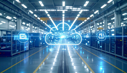 Data Center Cloud: A futuristic representation of data center with server racks and a large cloud graphic hovering above, symbolizing digital connectivity and data storage capabilities.