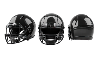 Three sleek. modern black football helmets displayed from various angles. showcasing their design and features. set against a clean. neutral background ideal for sports equipment marketing