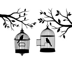 Contemplation in Silence: a stark, illustrative depiction of two birdcages hanging from bare branches. A pair of avian companions find themselves within. 