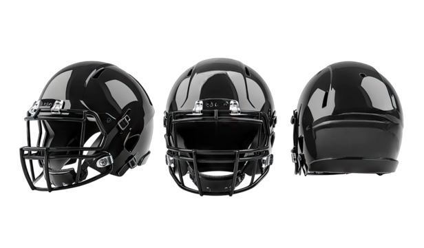 Three sleek. modern black football helmets displayed from various angles. showcasing their design and features. set against a clean. neutral background ideal for sports equipment marketing