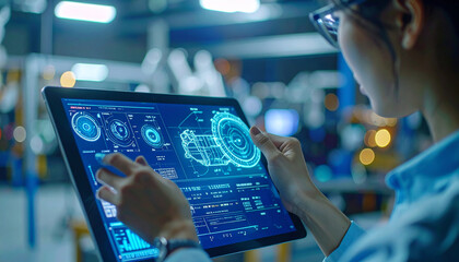 Engineering Innovation: Focused view of a woman manipulating a high-tech tablet, with the scene centered on futuristic design details in a technological landscape.