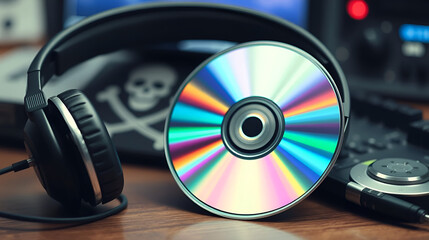 Music piracy with pirate copy cd and headphones