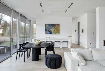 Obraz premium Interior of a modern living room with a black oval table surrounded by six chairs, a white sofa and a painting on the wall 