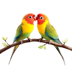 Fototapeta premium Two lovebirds perch on a branch, their beaks touching in a moment of affection and connection. The vibrant colors of their feathers are striking, with hues of red, yellow, and green