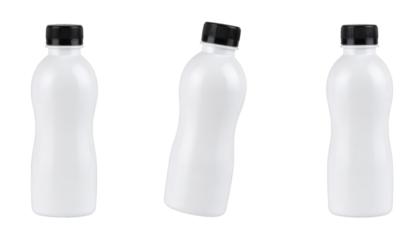 Set of three white plastic bottles with black caps showing different angles on transparent background