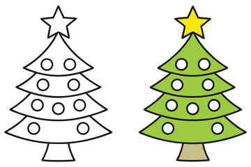 Christmas tree outline beside a colorful version of tree decorated with star and circles