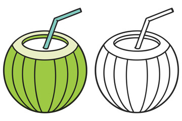 Fresh coconut drink with a straw is shown with a line art version