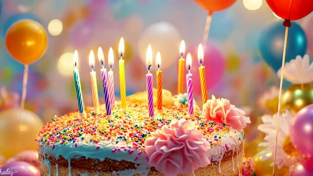 Colorful birthday celebration with candles, cake, and balloons in festive atmosphere