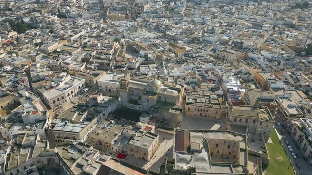 Aerial drone video of the old town center in Mesagne in Puglia, southern Italy.