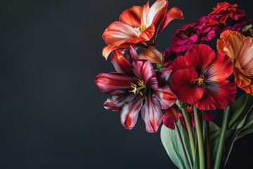 Fototapeta premium Vibrant bouquet of tulips and blossoms in rich autumnal hues.