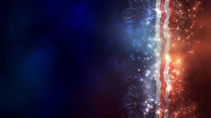 Fourth of July, vertical banner design with dark blue to bright red gradient, image of fireworks burning in the night sky, stars and red and white ribbons decorating the sides