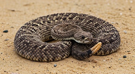 Fototapeta premium Coiled Western Diamondback Rattlesnake Desert Sand Crotalus Atrox Venomous Snake Reptile Ready Strike