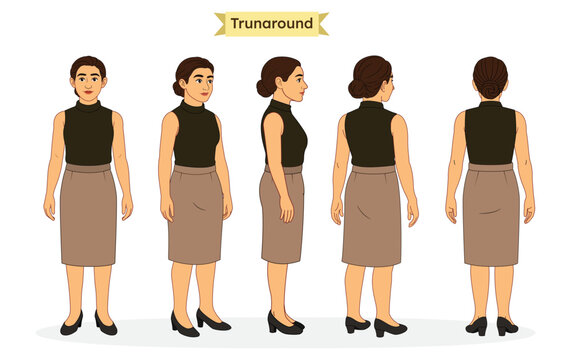 Business Woman Turnaround Sheet &ndash; Front, Side, ⅓ front view, ⅓ back view and Back Views in Professional Attire. Female Character turnaround sheet.
