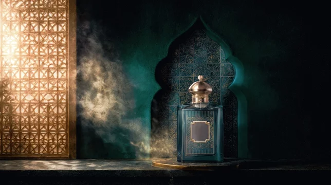 Luxury perfume bottle with light rays on Islamic backdrop