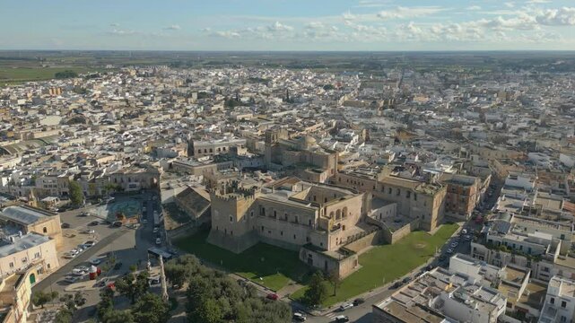 Aerial drone video of the old town center in Mesagne in Puglia, southern Italy.