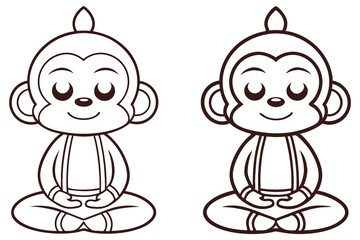 Two outlined cartoon monkeys are meditating in a seated lotus position with closed eyes and smile