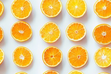 Fototapeta premium A collection of sliced oranges arranged on a white background. Seamless pattern.