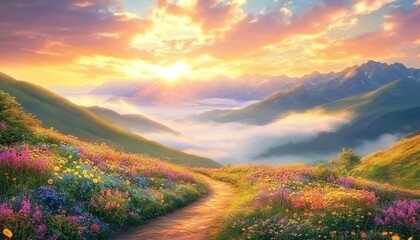 Winding path through wildflower-covered hillside with snowy peaks and misty sunlight.